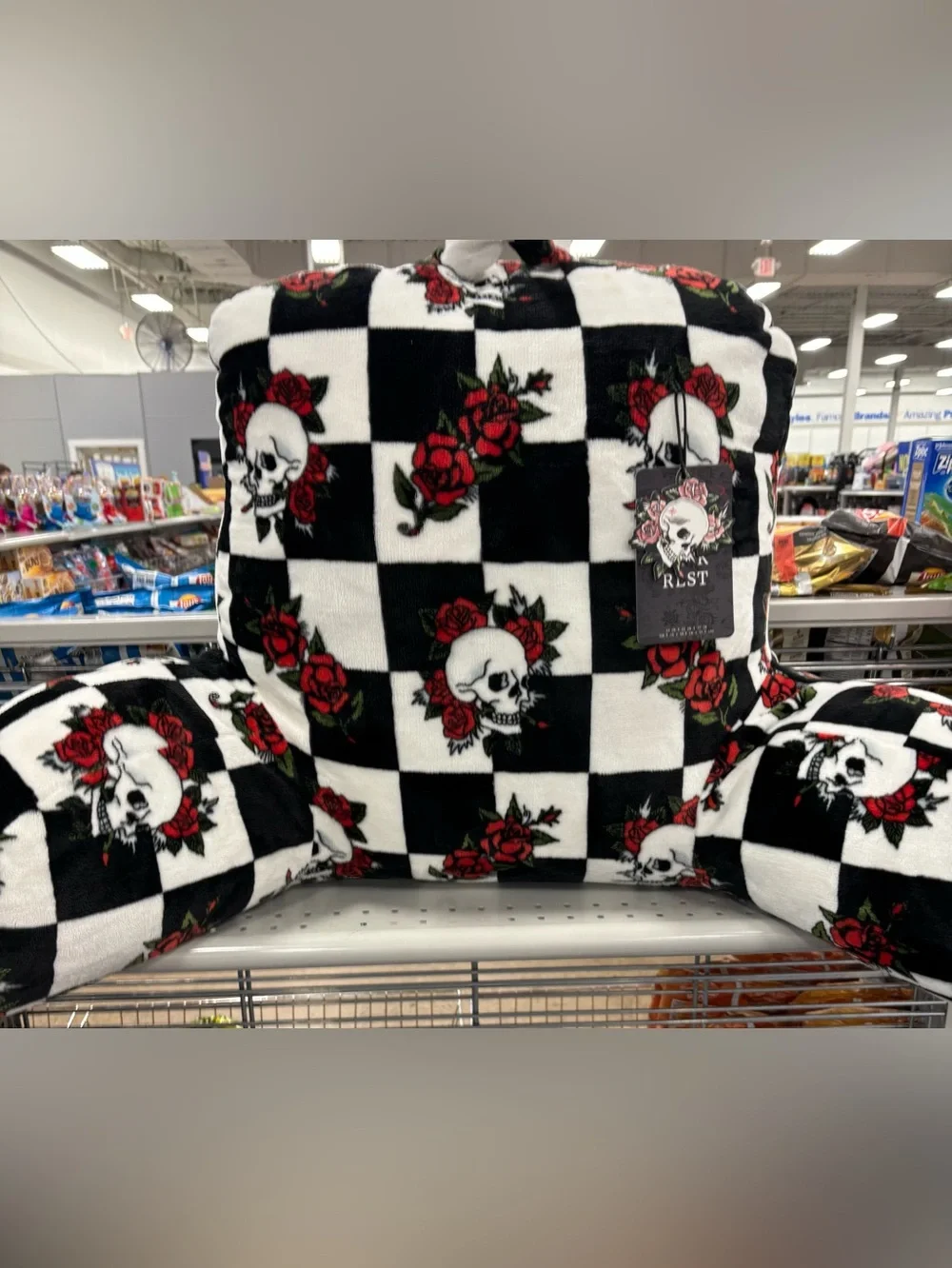 Ed Hardy B&W Checkered Skull Pillow w/ Red Roses - Back & Neck support